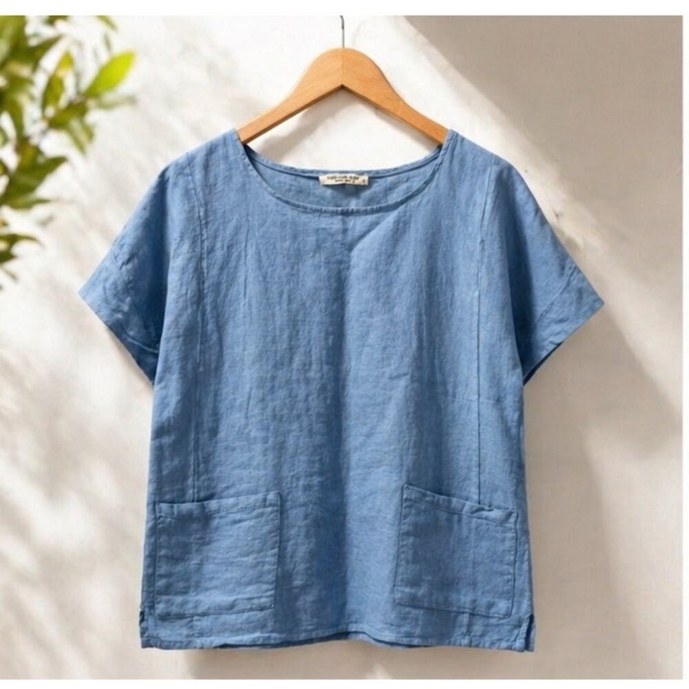 Francesca Bettini Blue Linen Top Made in Italy Boxy Fit Pockets Small